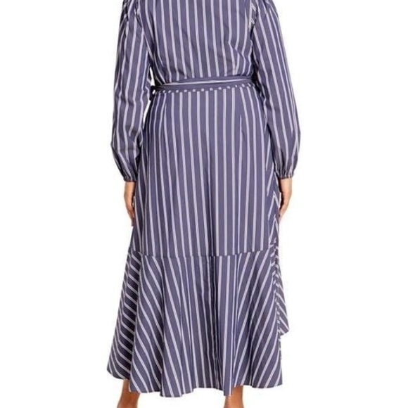 City Chic NWT Navy Blue Striped Long Sleeve Wrap Dress Size 24 - Picture 2 of 4